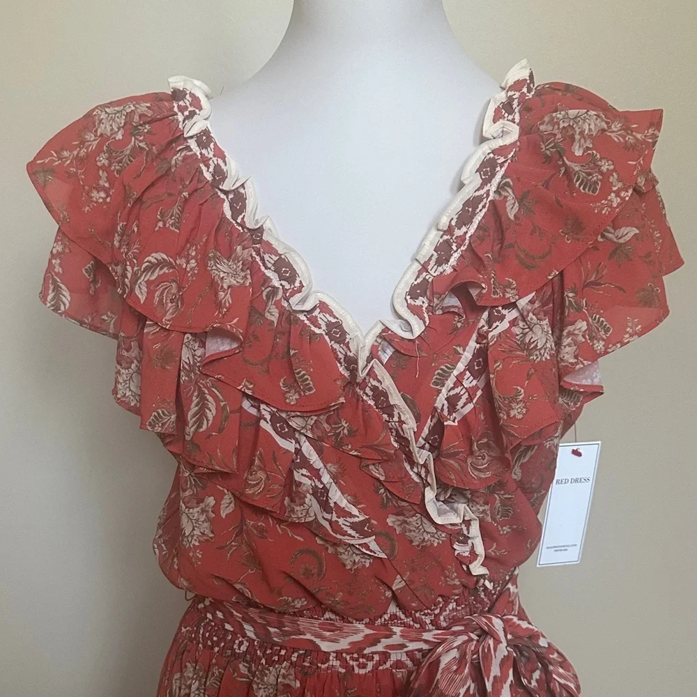 New Aura Rust Floral Ruffle Maxi Dress • Boho Floral Tiered Hem • Size M NWT - Picture 3 of 8